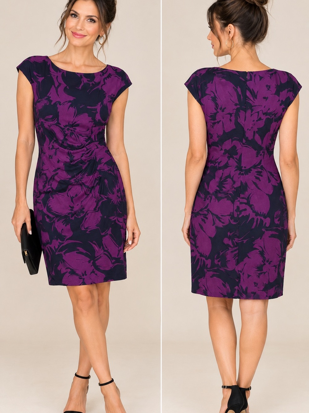 Anne Klein Floral Print Shift Dress Purple & Black Short Sleeve Size 6